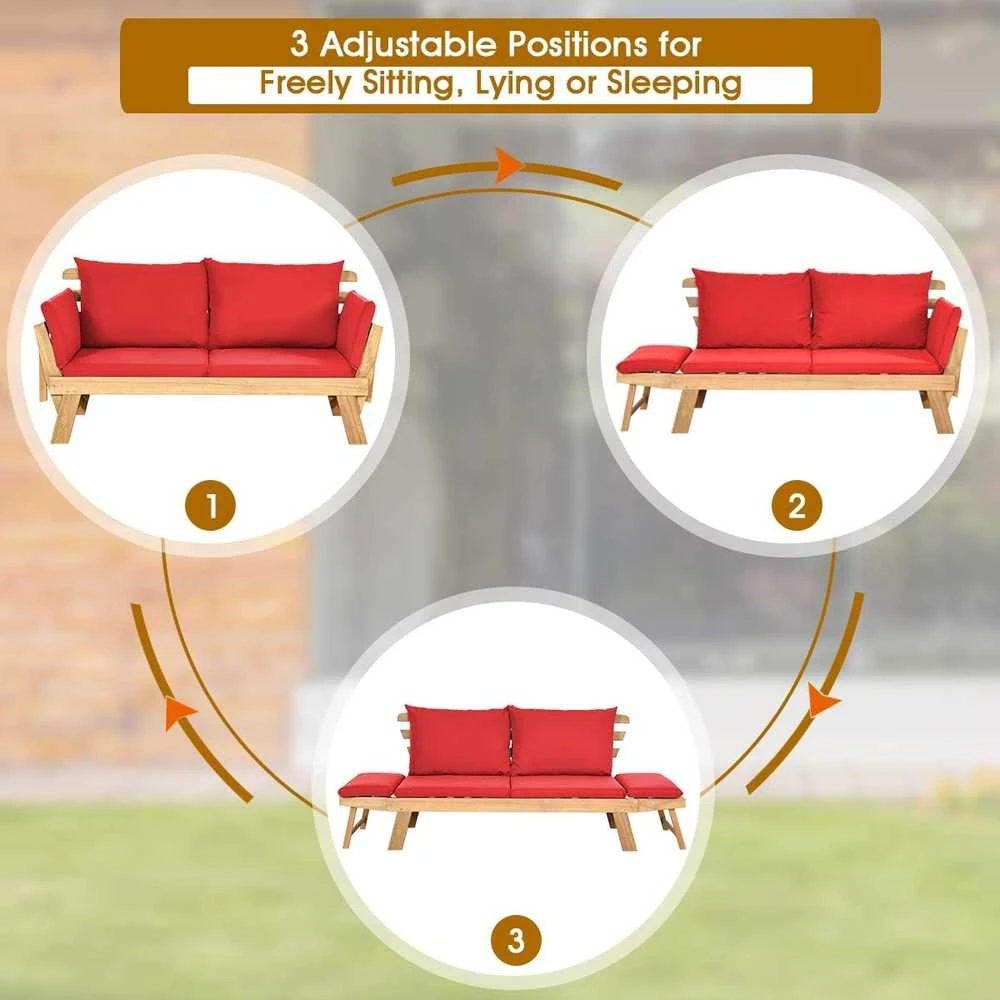 COSTWAY lauko sofa iš akacijos medienos, raudona, dviems, su pagalvėlėmis, reguliuojamais porankiais, AB93317DQ+DE-GM