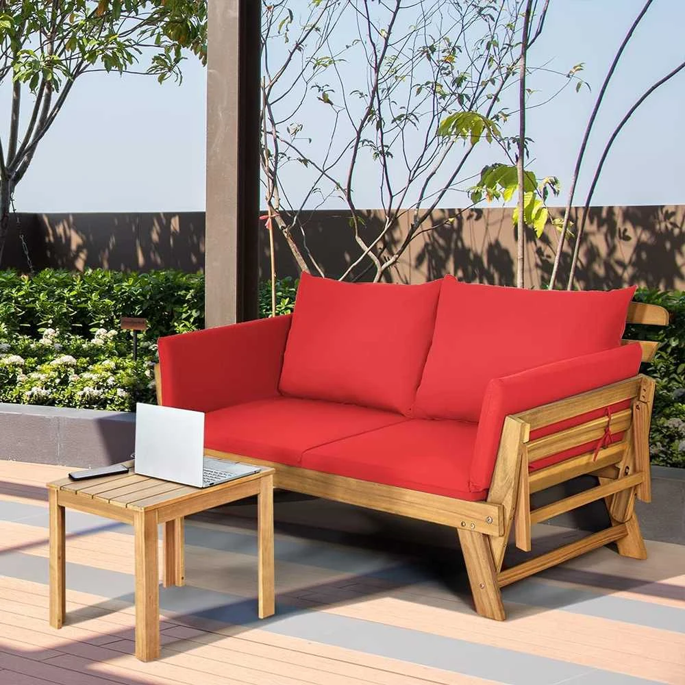 COSTWAY lauko sofa iš akacijos medienos, raudona, dviems, su pagalvėlėmis, reguliuojamais porankiais, AB93317DQ+DE-GM