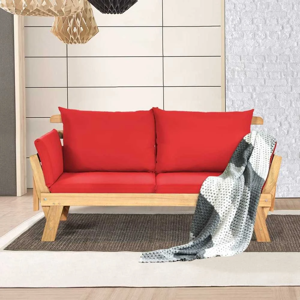 COSTWAY lauko sofa iš akacijos medienos, raudona, dviems, su pagalvėlėmis, reguliuojamais porankiais, AB93317DQ+DE-GM