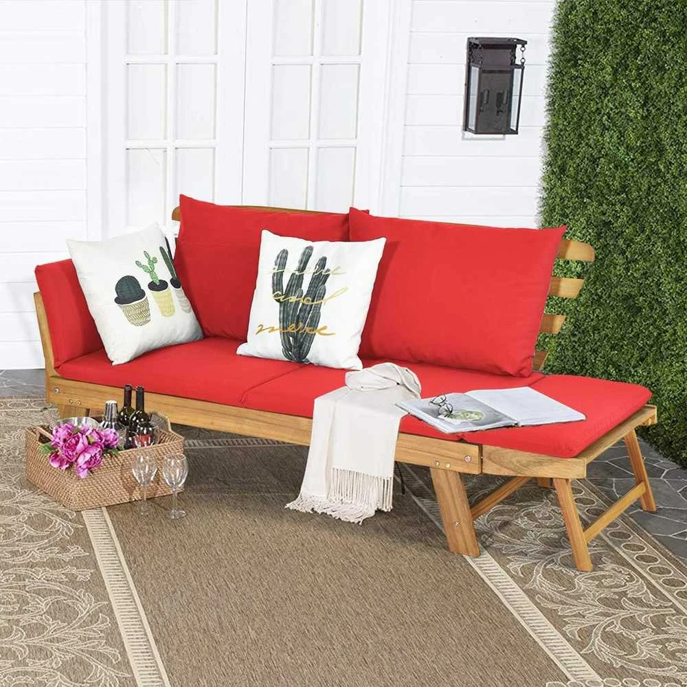 COSTWAY lauko sofa iš akacijos medienos, raudona, dviems, su pagalvėlėmis, reguliuojamais porankiais, AB93317DQ+DE-GM