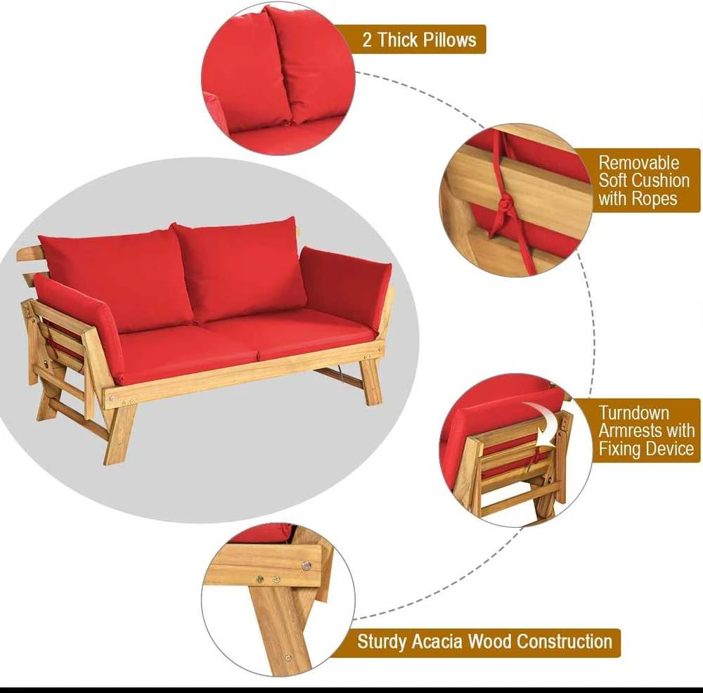 COSTWAY lauko sofa iš akacijos medienos, raudona, dviems, su pagalvėlėmis, reguliuojamais porankiais, AB93317DQ+DE-GM