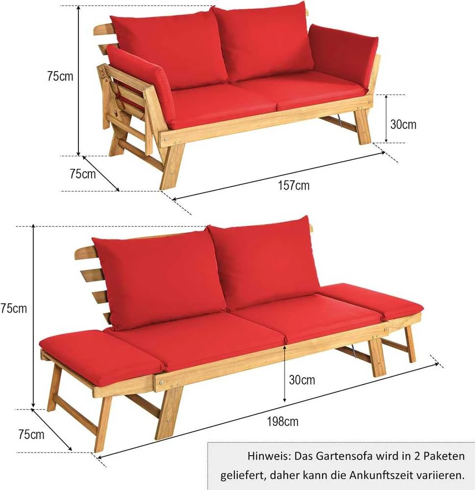 COSTWAY lauko sofa iš akacijos medienos, raudona, dviems, su pagalvėlėmis, reguliuojamais porankiais, AB93317DQ+DE-GM