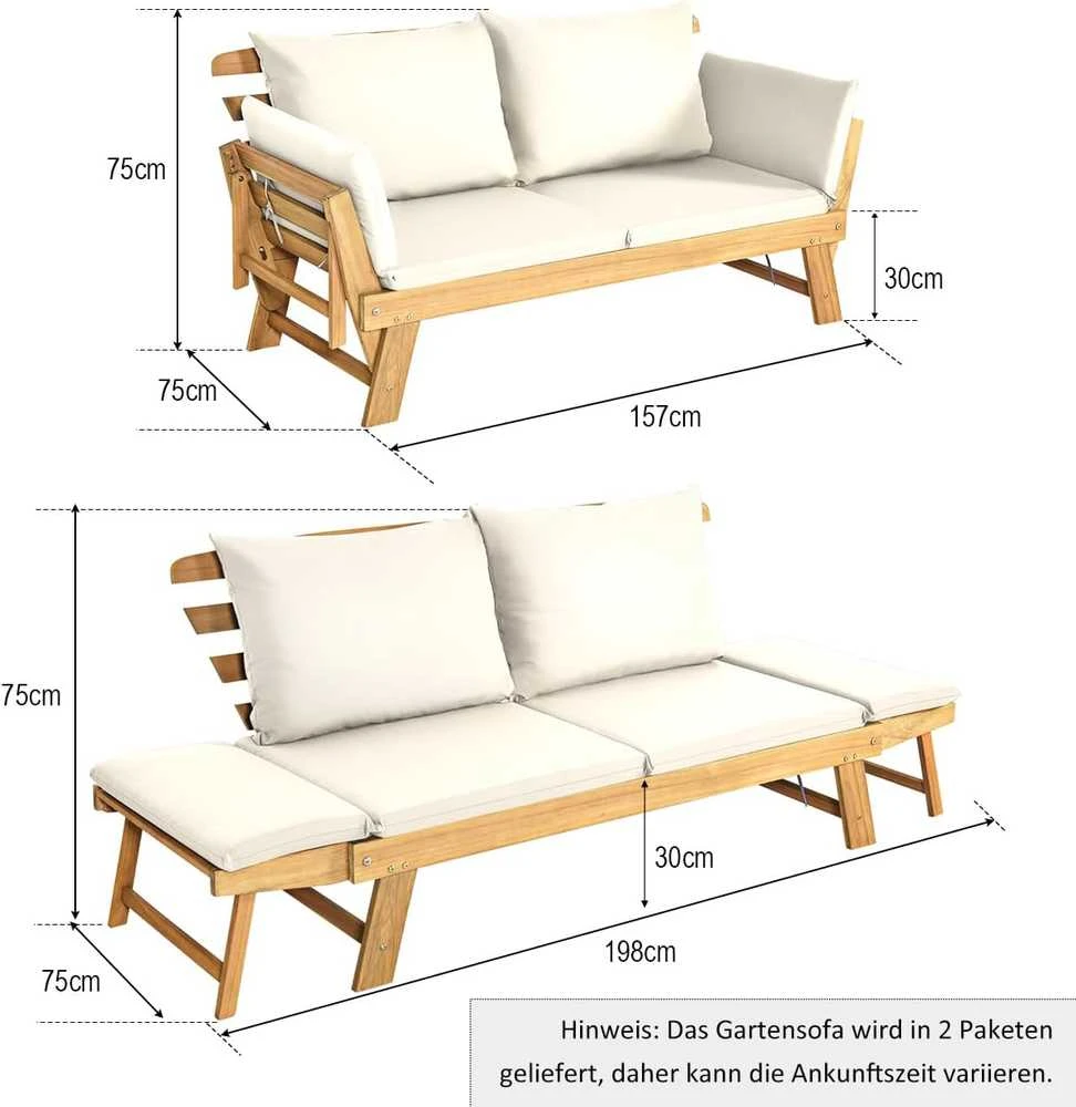 COSTWAY medinė išskleidžiama sodo sofa-lova su atlošiamais porankiais, 198 × 75 × 75 cm, akacijos mediena, bežinė