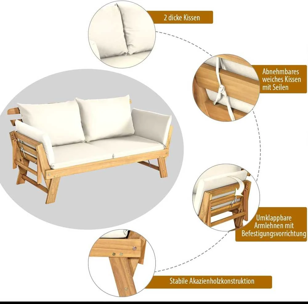 COSTWAY medinė išskleidžiama sodo sofa-lova su atlošiamais porankiais, 198 × 75 × 75 cm, akacijos mediena, bežinė