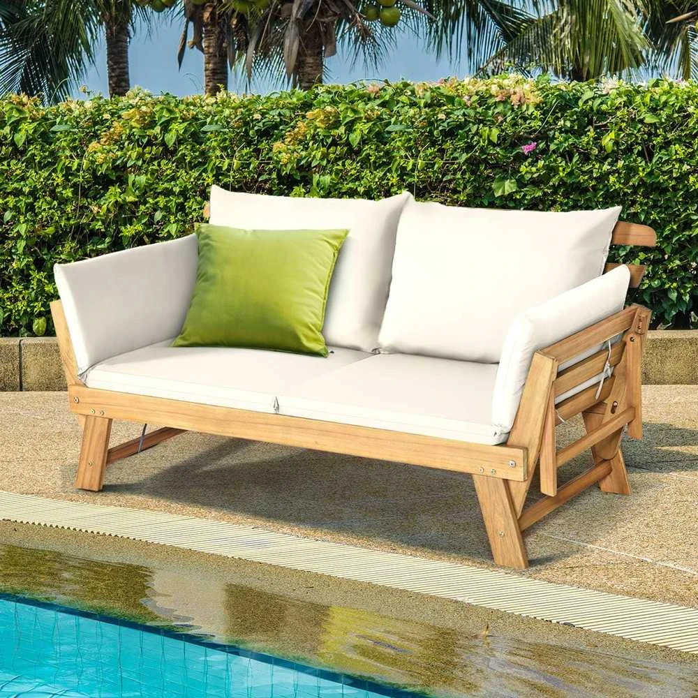 COSTWAY medinė išskleidžiama sodo sofa-lova su atlošiamais porankiais, 198 × 75 × 75 cm, akacijos mediena, bežinė