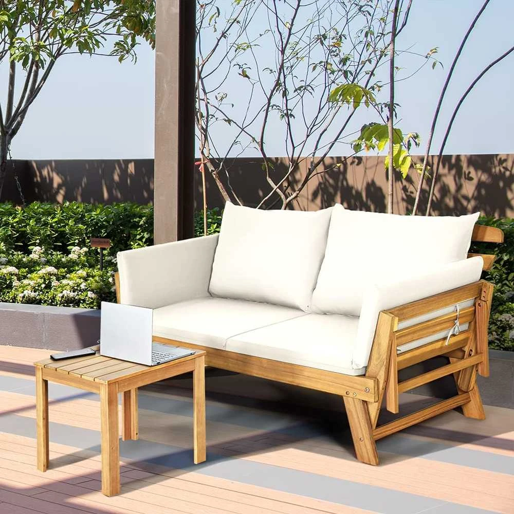 COSTWAY medinė išskleidžiama sodo sofa-lova su atlošiamais porankiais, 198 × 75 × 75 cm, akacijos mediena, bežinė