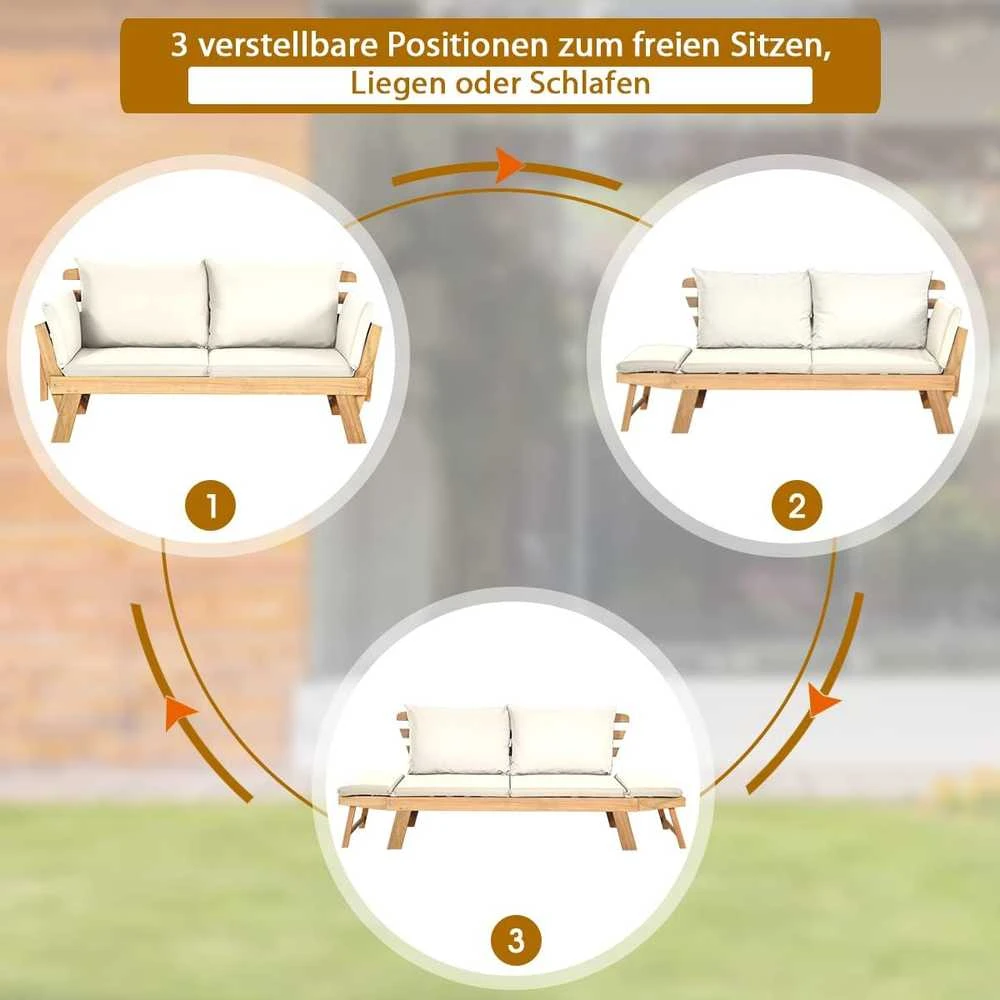 COSTWAY medinė išskleidžiama sodo sofa-lova su atlošiamais porankiais, 198 × 75 × 75 cm, akacijos mediena, bežinė
