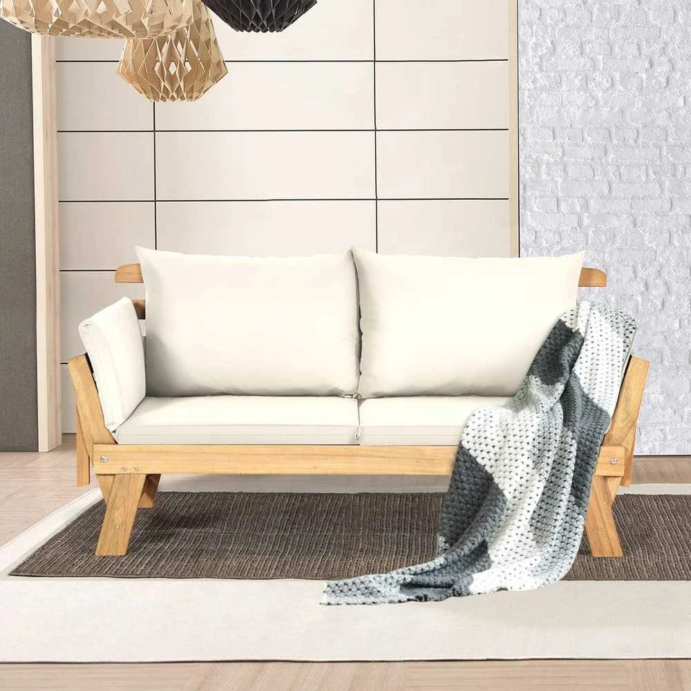 COSTWAY medinė išskleidžiama sodo sofa-lova su atlošiamais porankiais, 198 × 75 × 75 cm, akacijos mediena, bežinė