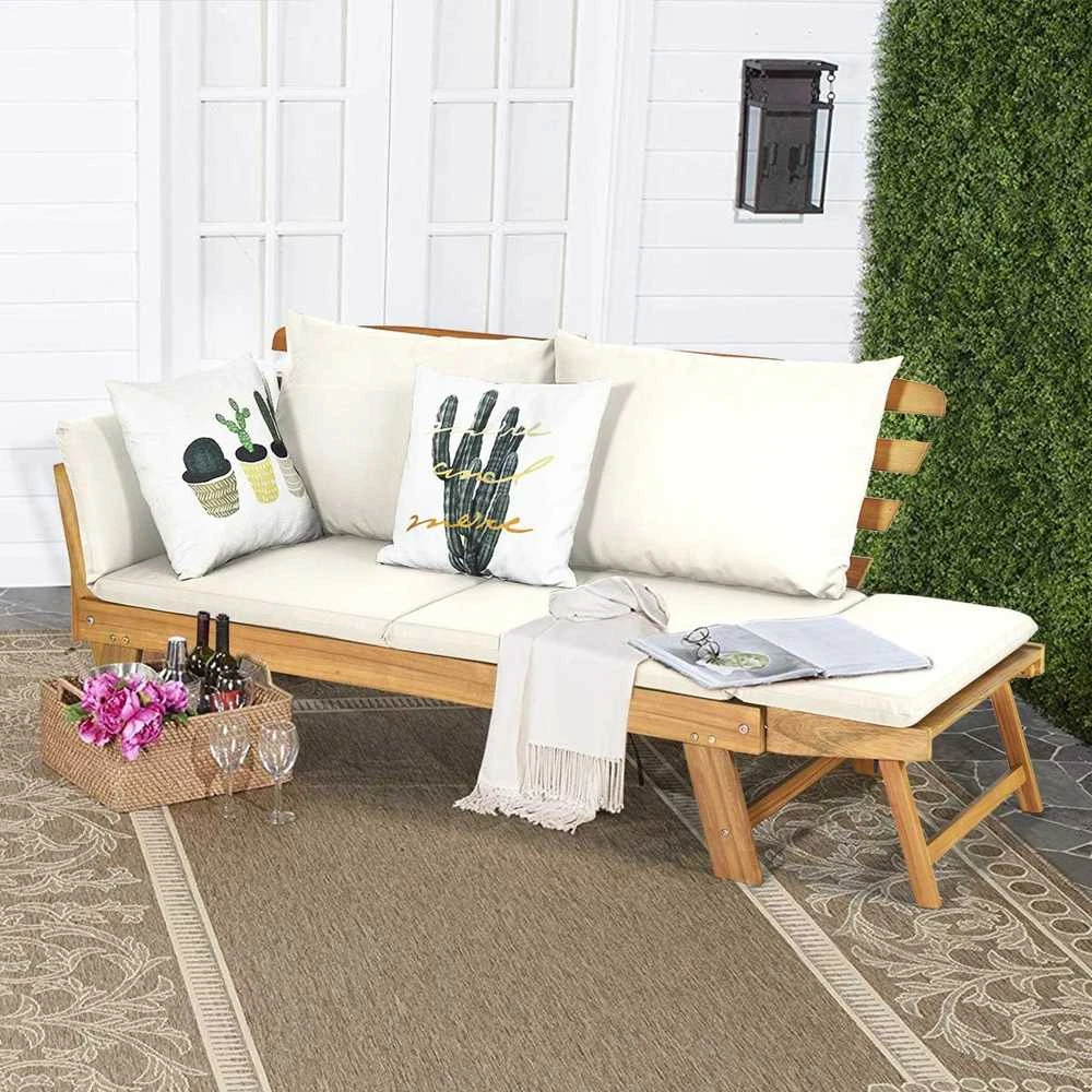 COSTWAY medinė išskleidžiama sodo sofa-lova su atlošiamais porankiais, 198 × 75 × 75 cm, akacijos mediena, bežinė