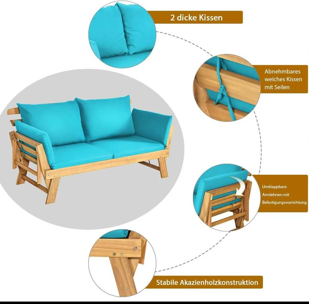 COSTWAY medinė lauko sofa su atlošu ir pagalvėlėmis, sulankstomais porankiais, 198 × 75 × 75 cm, turkio spalvos