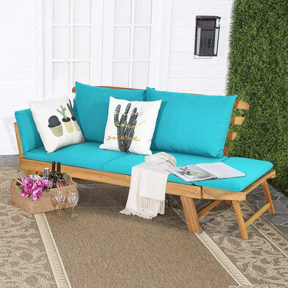 COSTWAY medinė lauko sofa su atlošu ir pagalvėlėmis, sulankstomais porankiais, 198 × 75 × 75 cm, turkio spalvos