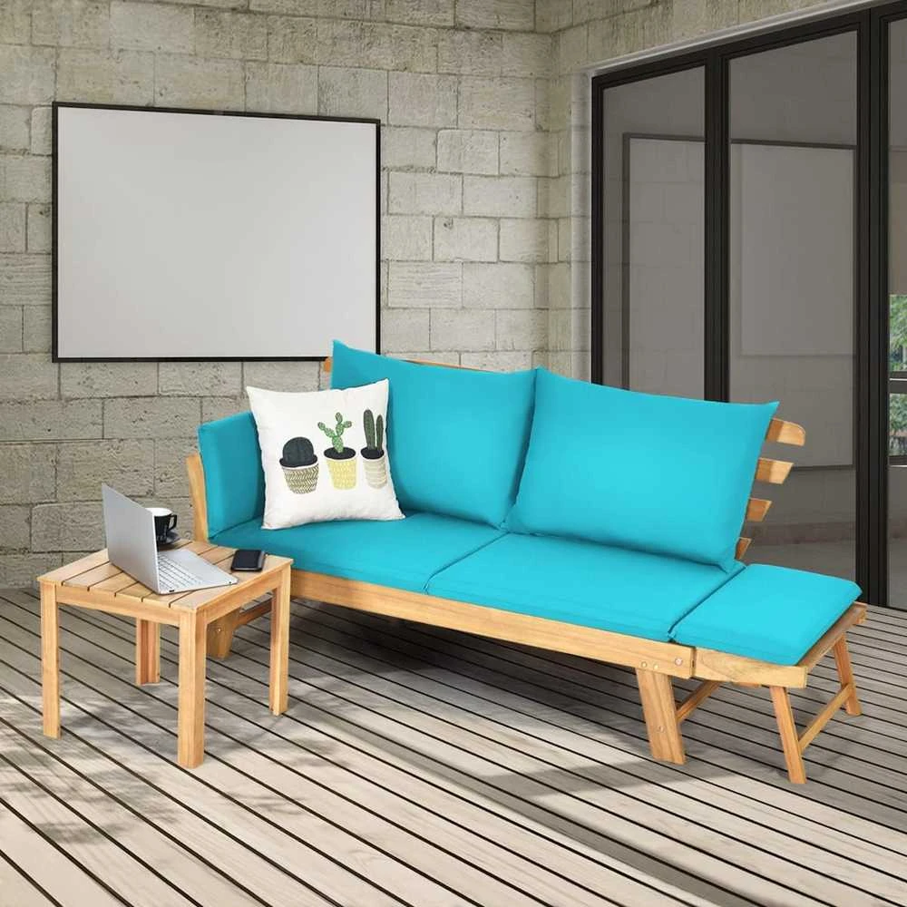 COSTWAY medinė lauko sofa su atlošu ir pagalvėlėmis, sulankstomais porankiais, 198 × 75 × 75 cm, turkio spalvos