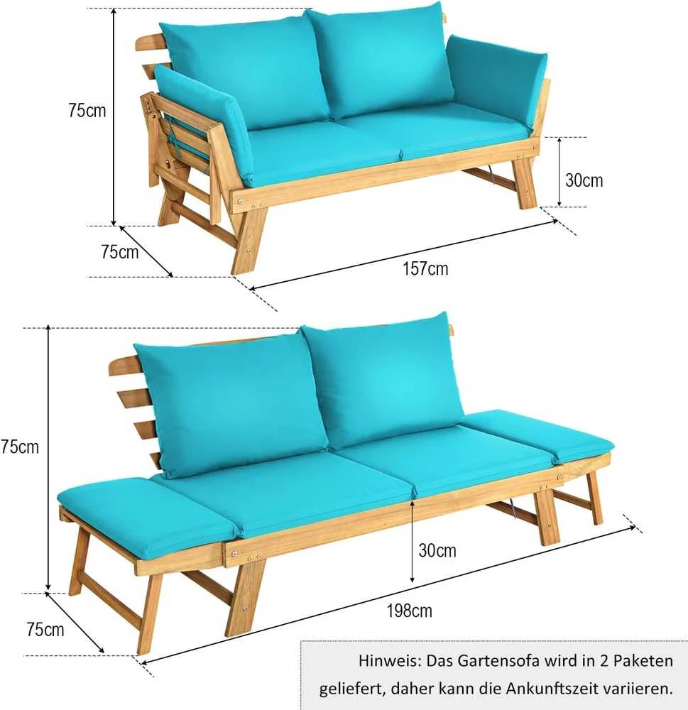 COSTWAY medinė lauko sofa su atlošu ir pagalvėlėmis, sulankstomais porankiais, 198 × 75 × 75 cm, turkio spalvos