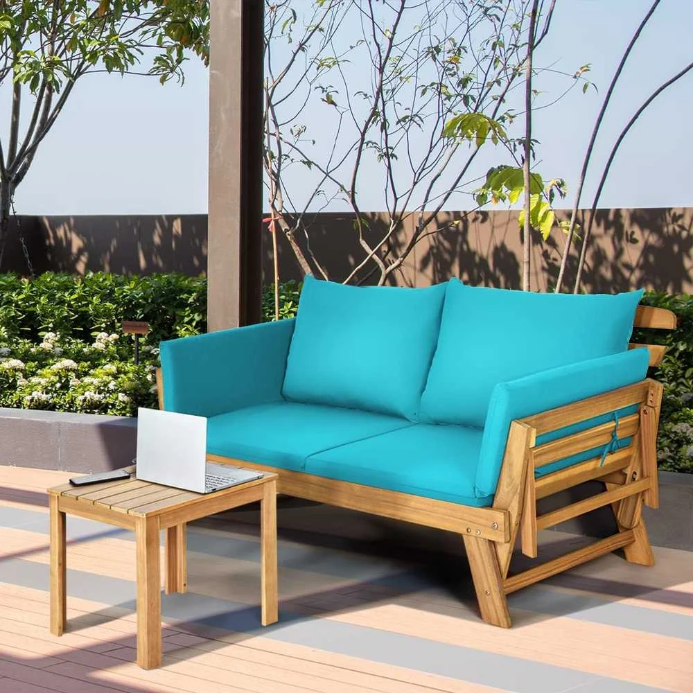 COSTWAY medinė lauko sofa su atlošu ir pagalvėlėmis, sulankstomais porankiais, 198 × 75 × 75 cm, turkio spalvos