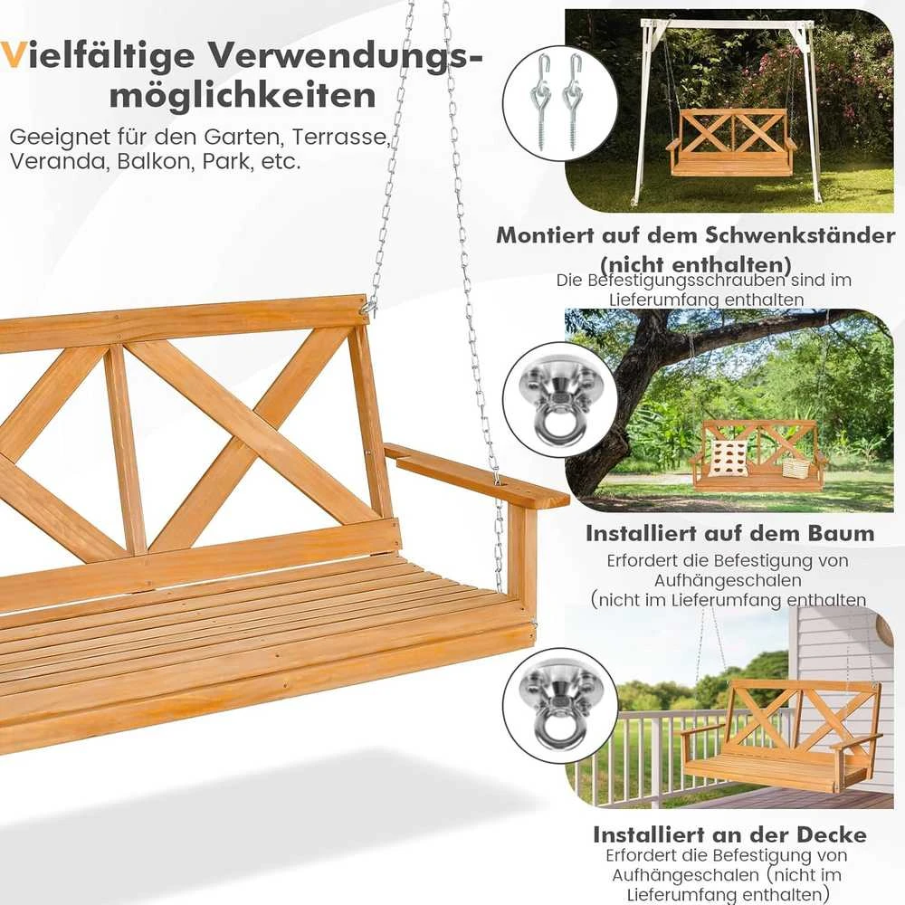COSTWAY pakabinamas sodo suolas iš natūralios pušies medienos, 2 vietų, 134 × 60 × 65 cm, iki 240 kg, NP10961BN-GM