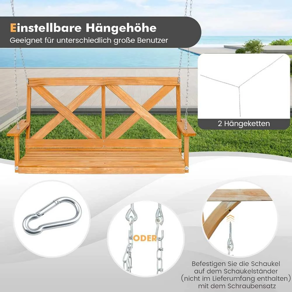 COSTWAY pakabinamas sodo suolas iš natūralios pušies medienos, 2 vietų, 134 × 60 × 65 cm, iki 240 kg, NP10961BN-GM