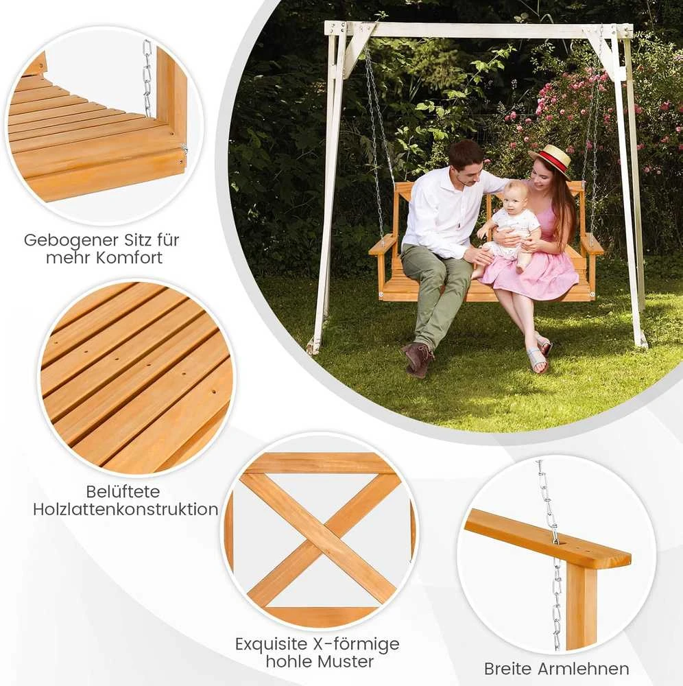 COSTWAY pakabinamas sodo suolas iš natūralios pušies medienos, 2 vietų, 134 × 60 × 65 cm, iki 240 kg, NP10961BN-GM