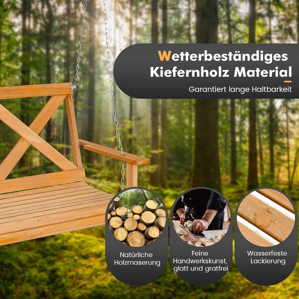COSTWAY pakabinamas sodo suolas iš natūralios pušies medienos, 2 vietų, 134 × 60 × 65 cm, iki 240 kg, NP10961BN-GM