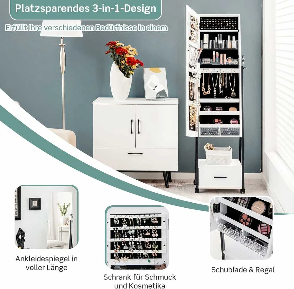 COSTWAY Papuošalų spintelė su veidrodžiu, balta