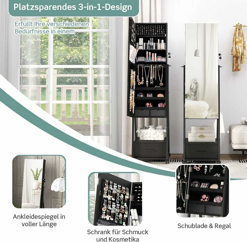 COSTWAY Papuošalų spintelė su veidrodžiu, juoda