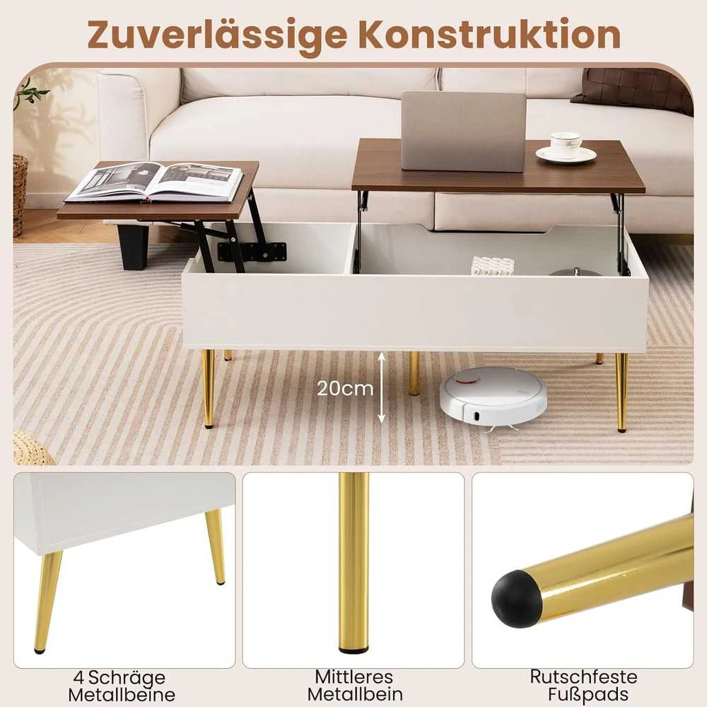 COSTWAY reguliuojamo aukščio kavos staliukas su pakeliamu stalviršiu ir paslėptomis lentynomis, 111 × 48 × 40–53,5 cm, riešutmedžio spalvos