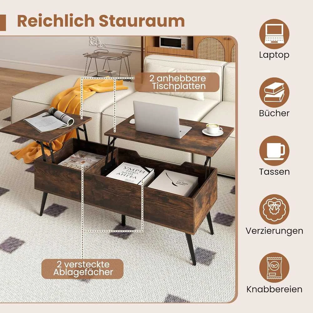 COSTWAY reguliuojamo aukščio kavos staliukas su pakeliamu stalviršiu ir paslėptomis lentynomis, 111 × 48 × 40–53,5 cm, rudas