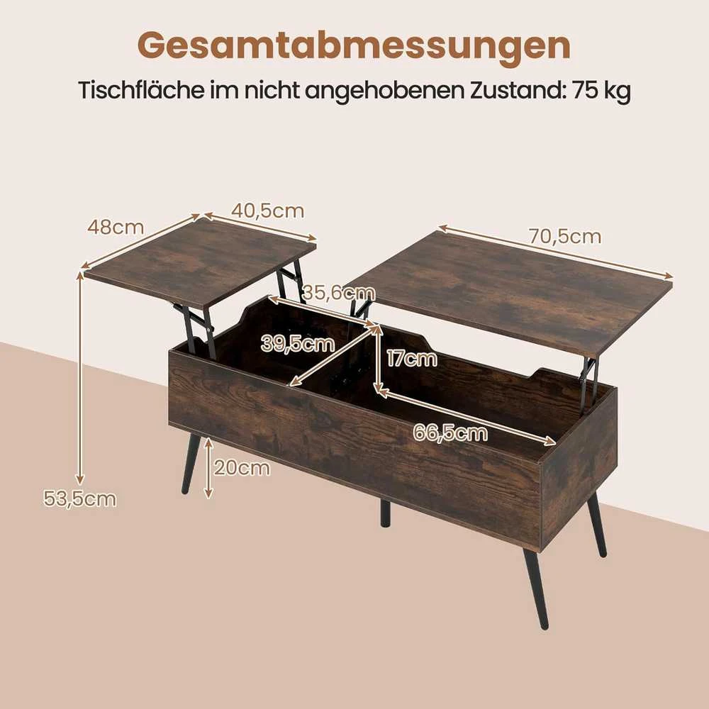 COSTWAY reguliuojamo aukščio kavos staliukas su pakeliamu stalviršiu ir paslėptomis lentynomis, 111 × 48 × 40–53,5 cm, rudas