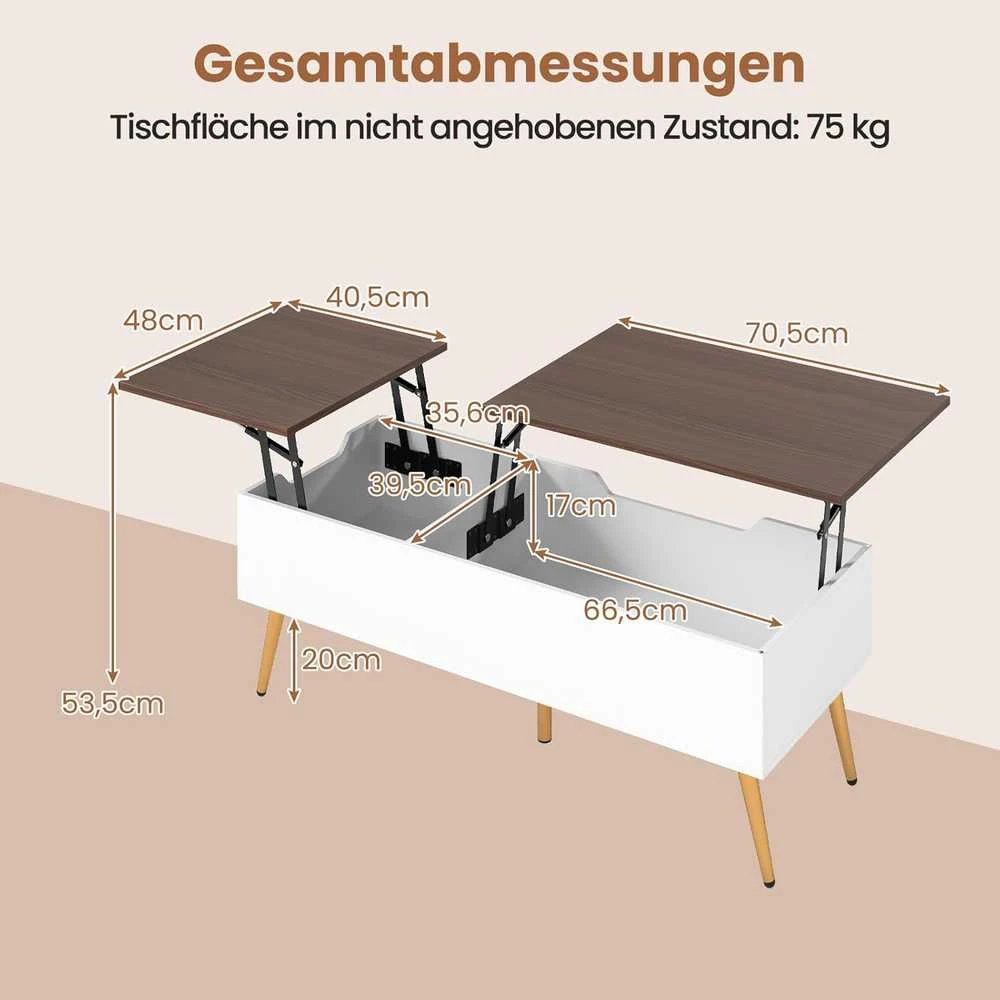 COSTWAY reguliuojamo aukščio kavos staliukas su pakeliamu stalviršiu ir paslėptomis lentynomis, 111 × 48 × 40–53,5 cm, riešutmedžio spalvos