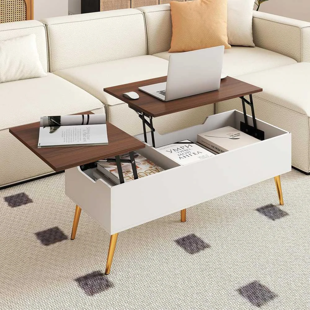 COSTWAY reguliuojamo aukščio kavos staliukas su pakeliamu stalviršiu ir paslėptomis lentynomis, 111 × 48 × 40–53,5 cm, riešutmedžio spalvos
