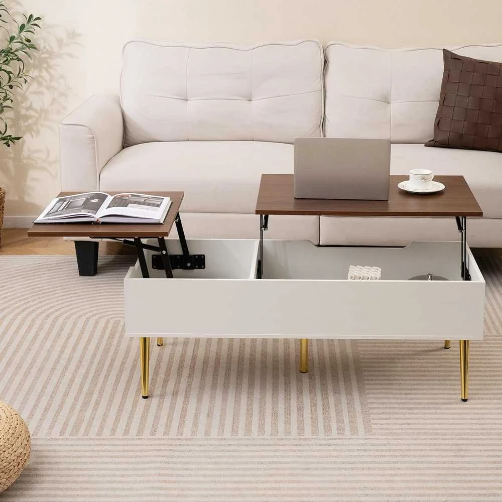 COSTWAY reguliuojamo aukščio kavos staliukas su pakeliamu stalviršiu ir paslėptomis lentynomis, 111 × 48 × 40–53,5 cm, riešutmedžio spalvos