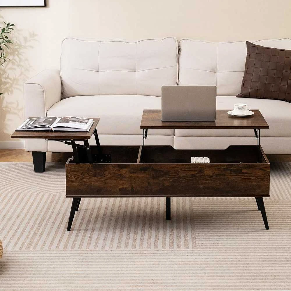 COSTWAY reguliuojamo aukščio kavos staliukas su pakeliamu stalviršiu ir paslėptomis lentynomis, 111 × 48 × 40–53,5 cm, rudas