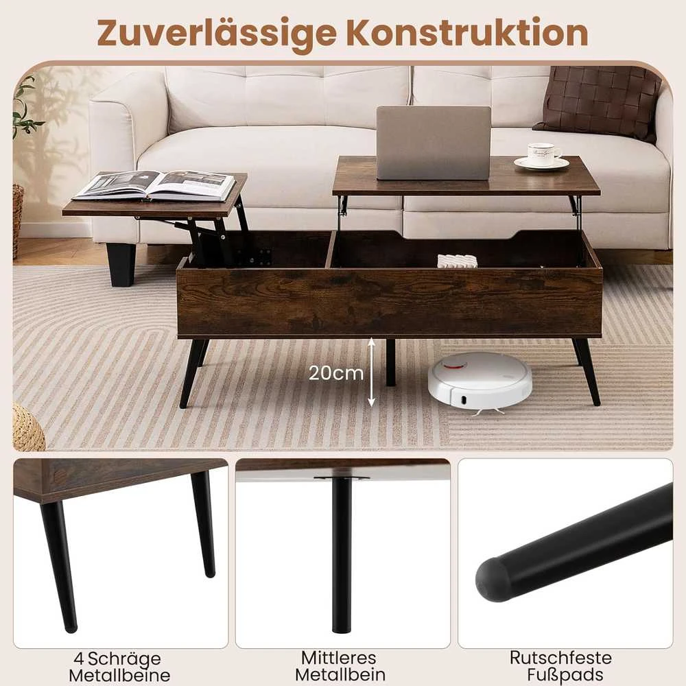 COSTWAY reguliuojamo aukščio kavos staliukas su pakeliamu stalviršiu ir paslėptomis lentynomis, 111 × 48 × 40–53,5 cm, rudas