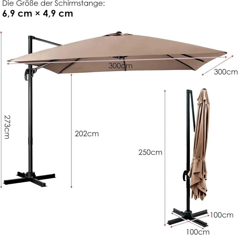 COSTWAY sodo skėtis 300 × 300 cm, kvadratinis, su rankenėle, 360° besisukantis, rudas