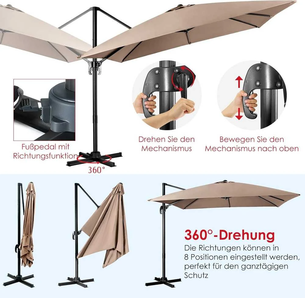 COSTWAY sodo skėtis 300 × 300 cm, kvadratinis, su rankenėle, 360° besisukantis, rudas