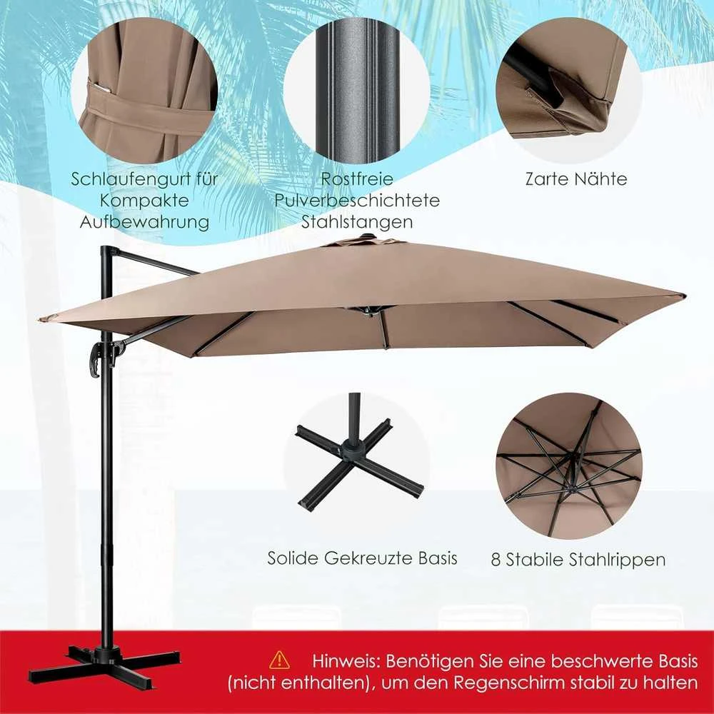 COSTWAY sodo skėtis 300 × 300 cm, kvadratinis, su rankenėle, 360° besisukantis, rudas