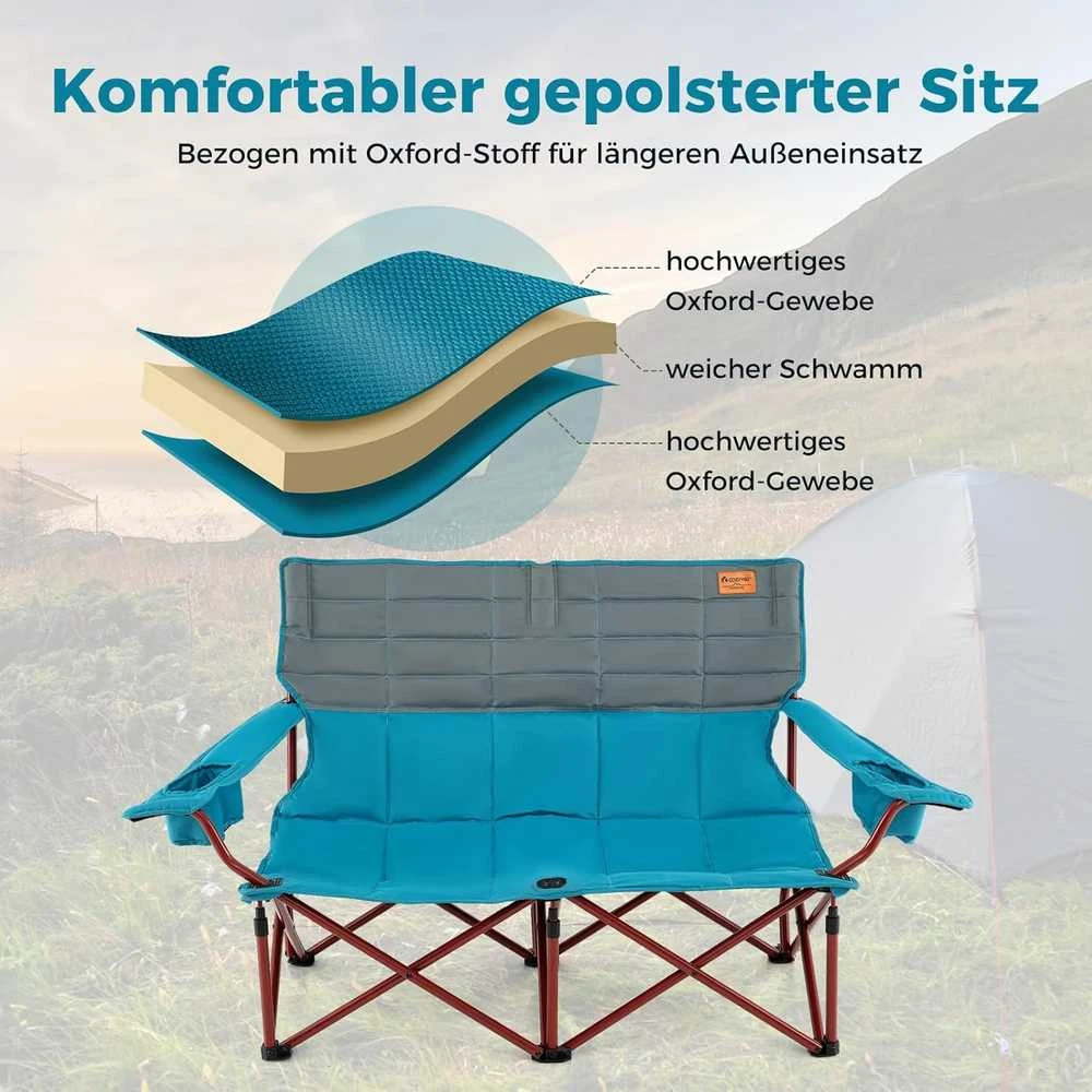 COSTWAY sulankstoma kempingo sofa 2 asmenims, paminkštinta, su metaliniu rėmu, 147 × 69 × 82 cm, ZB34322DE