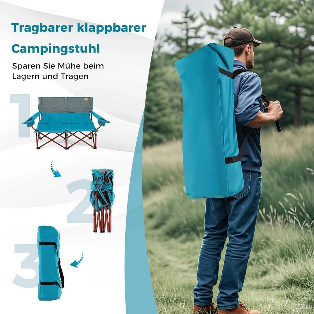 COSTWAY sulankstoma kempingo sofa 2 asmenims, paminkštinta, su metaliniu rėmu, 147 × 69 × 82 cm, ZB34322DE