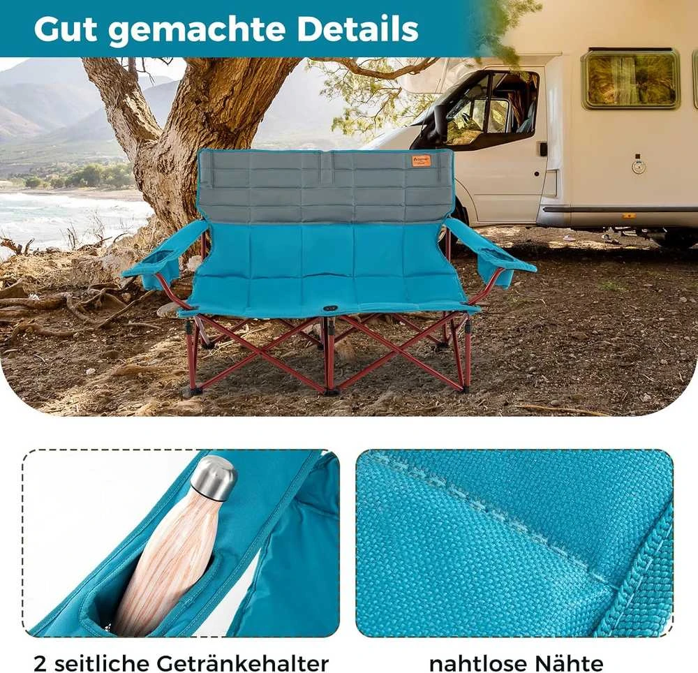 COSTWAY sulankstoma kempingo sofa 2 asmenims, paminkštinta, su metaliniu rėmu, 147 × 69 × 82 cm, ZB34322DE