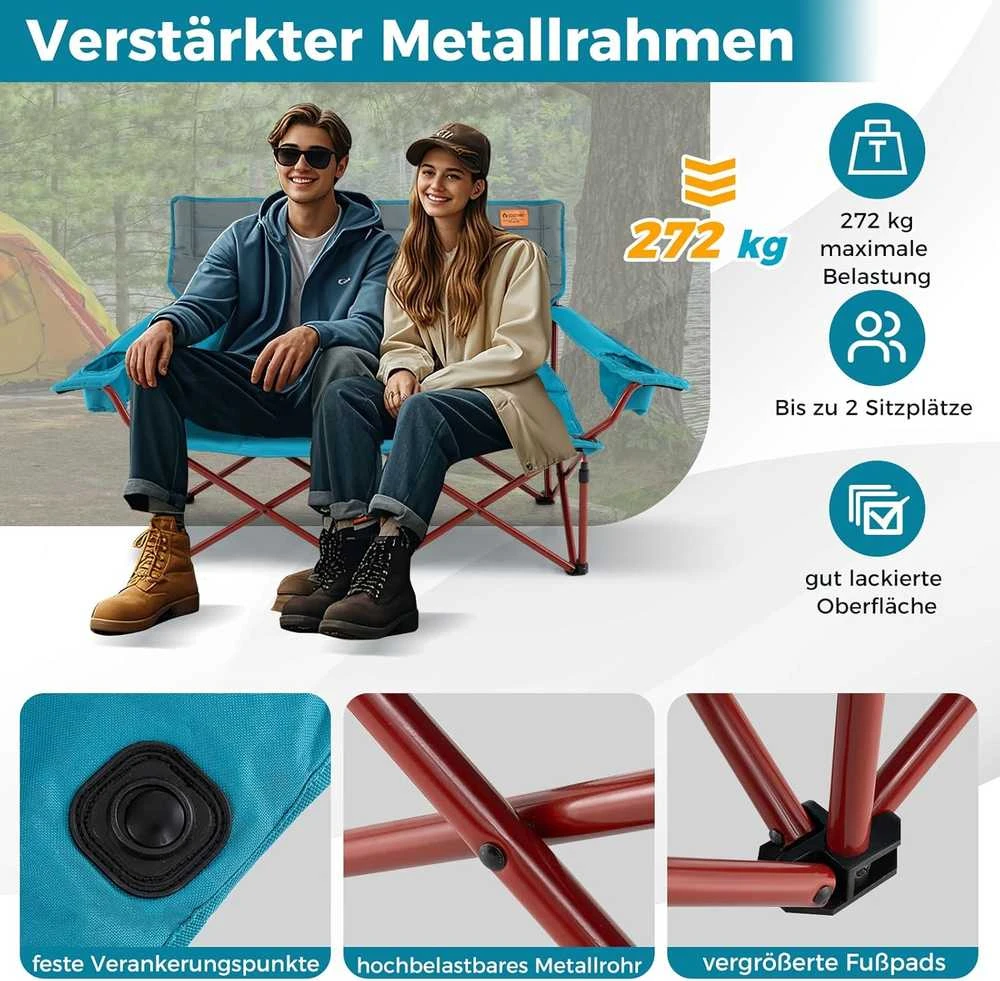 COSTWAY sulankstoma kempingo sofa 2 asmenims, paminkštinta, su metaliniu rėmu, 147 × 69 × 82 cm, ZB34322DE