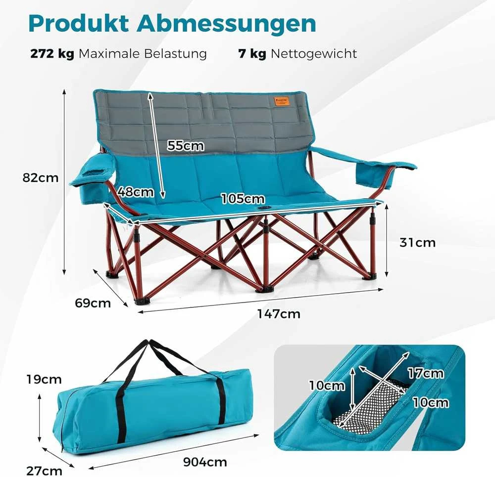 COSTWAY sulankstoma kempingo sofa 2 asmenims, paminkštinta, su metaliniu rėmu, 147 × 69 × 82 cm, ZB34322DE
