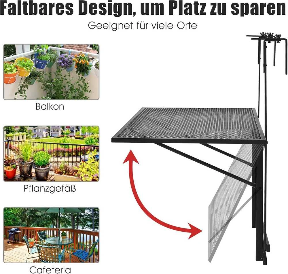 COSTWAY sulankstomas pakabinamas balkono staliukas, metalinis, 5 aukščio lygiai, 60,5 × 40,5 cm, 20 kg
