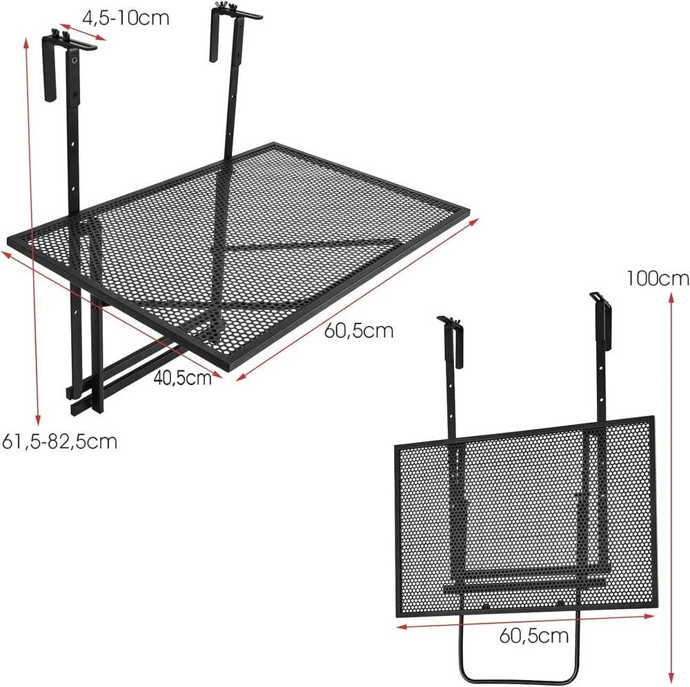 COSTWAY sulankstomas pakabinamas balkono staliukas, metalinis, 5 aukščio lygiai, 60,5 × 40,5 cm, 20 kg