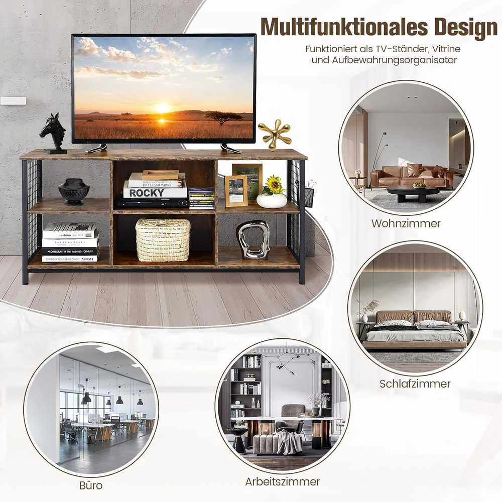 TV staliukas COSTWAY televizoriaus spintelė su atviromis lentynomis ir krepšiu, 140 × 40 × 63 cm, pramoninis dizainas