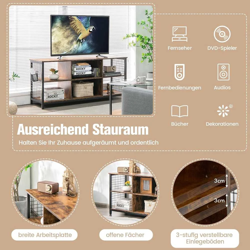 TV staliukas COSTWAY televizoriaus spintelė su atviromis lentynomis ir krepšiu, 140 × 40 × 63 cm, pramoninis dizainas