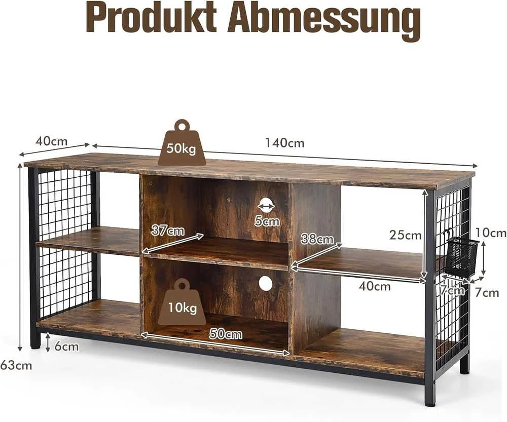 TV staliukas COSTWAY televizoriaus spintelė su atviromis lentynomis ir krepšiu, 140 × 40 × 63 cm, pramoninis dizainas