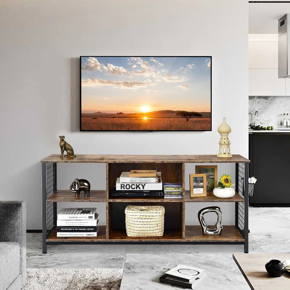 TV staliukas COSTWAY televizoriaus spintelė su atviromis lentynomis ir krepšiu, 140 × 40 × 63 cm, pramoninis dizainas