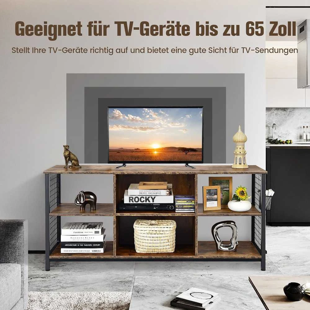 TV staliukas COSTWAY televizoriaus spintelė su atviromis lentynomis ir krepšiu, 140 × 40 × 63 cm, pramoninis dizainas