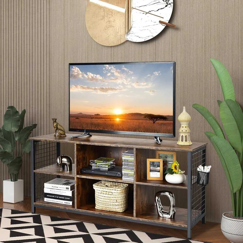 TV staliukas COSTWAY televizoriaus spintelė su atviromis lentynomis ir krepšiu, 140 × 40 × 63 cm, pramoninis dizainas