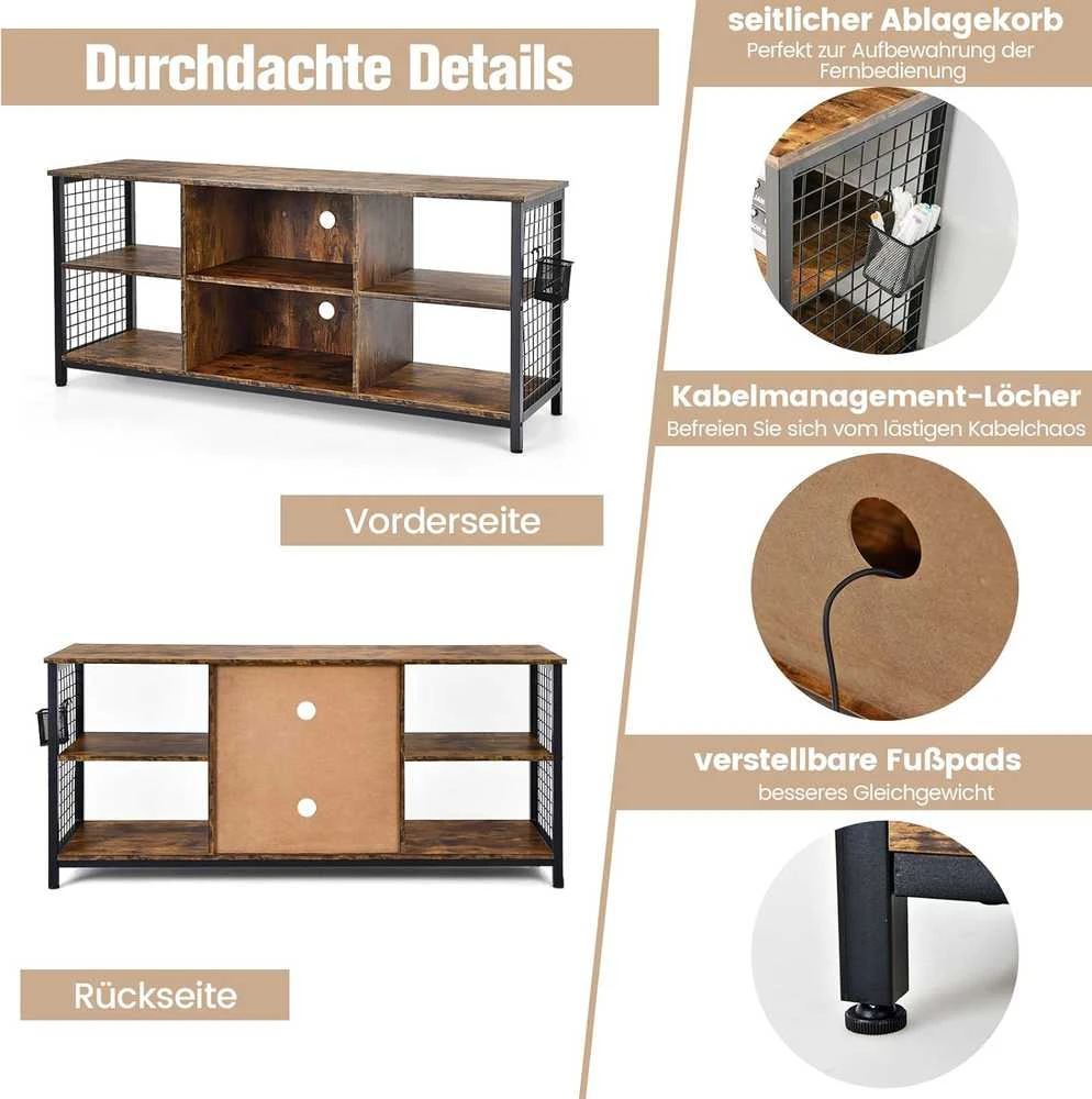 TV staliukas COSTWAY televizoriaus spintelė su atviromis lentynomis ir krepšiu, 140 × 40 × 63 cm, pramoninis dizainas