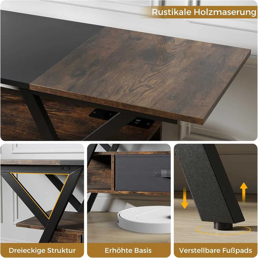 COSTWAY TV staliukas su LED apšvietimu, USB ir C tipo lizdais, 140 × 40 × 54 cm, tamsiai rudas